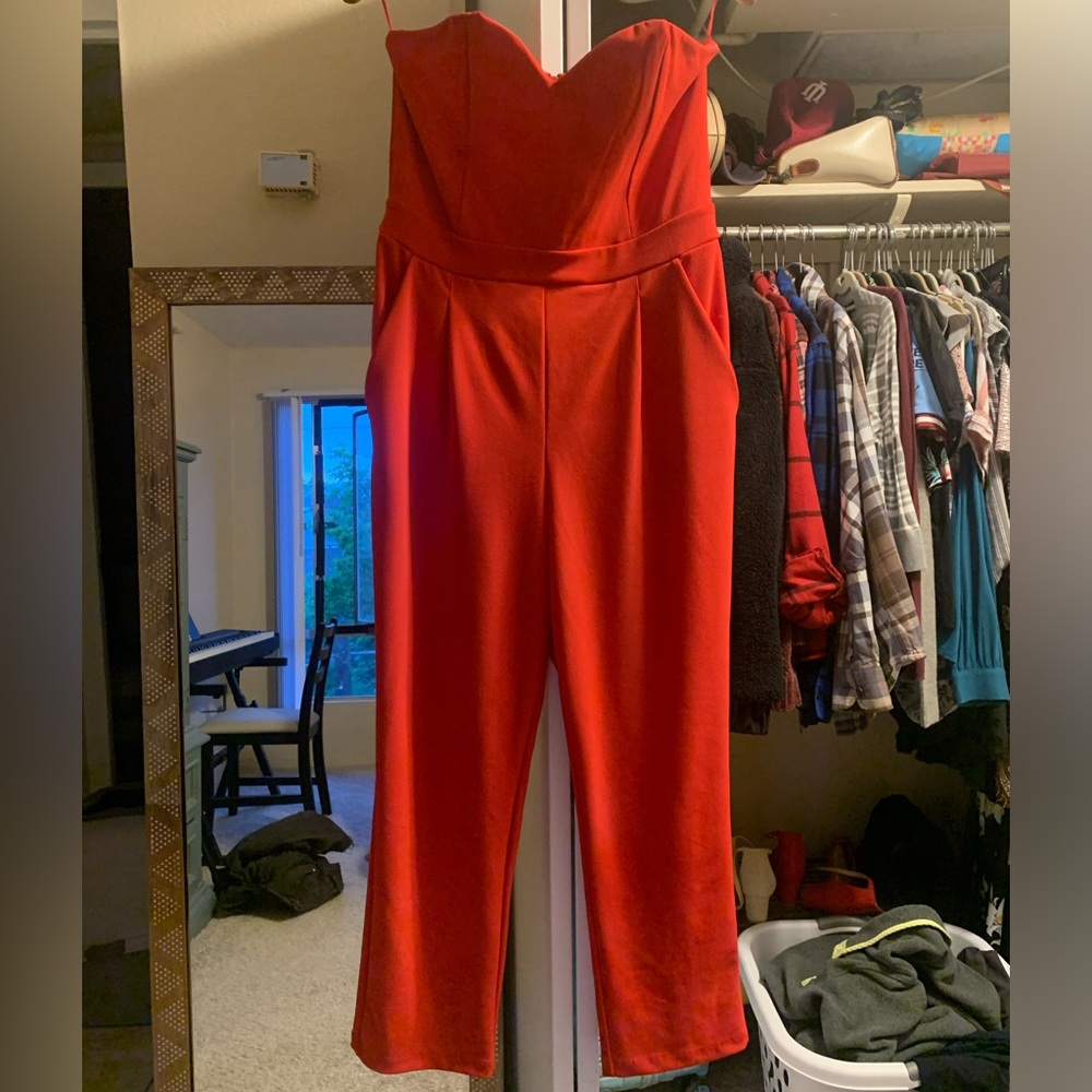 Strapless red jumpsuit